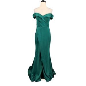 Sequin Hearts Off-the-Shoulder Satin Gown Emerald Green Prom Formal Wedding